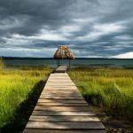 El Remate, Peten, Guatemala, Dramatic rain clouds behind hut on a dock surrounded by green reed along the lake shore with dark blue cloudscape and sunshine