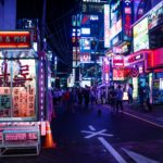 Gangnam shopping street with colorful neon lights at night in Seoul, South Korea