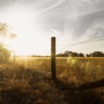 Grampians, Victoria, Australia, Sunset at a farm in the bush with long fence and flare, Airport landing strip