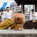 Tokyo Japan Drummers with drum and sticks in traditional clothing at Shinagawa Shukuba Matsuri festival