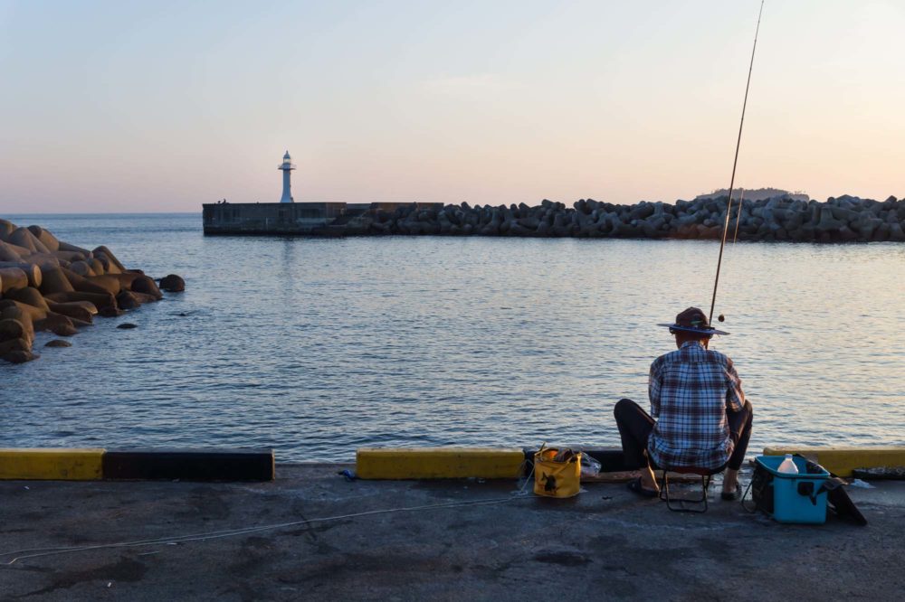 Seogwipo, Jeju Island, Back of fisherman at harbour with white lighthouse during sunset