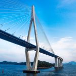 Giant bridge on the ocean viewed from frog perspective in Mokpo, South Korea