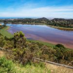 Panoramic view on red brown coloured lake surrounded by trees at Tower Hill Wildlife reserve park with view on the ocean. Victoria, Australia