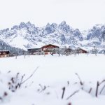 Austria, Wilder Kaiser rocky mountainrange covered with snow with traditional Austrian houses and branches in front during winter, Going am Wilden Kaiser, Tyrol