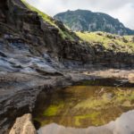 Natural pool with reflections along the ocean at the volcanic cliffs of Yongmeori Beach, Sanbang-ro, Jeju Island, South Korea